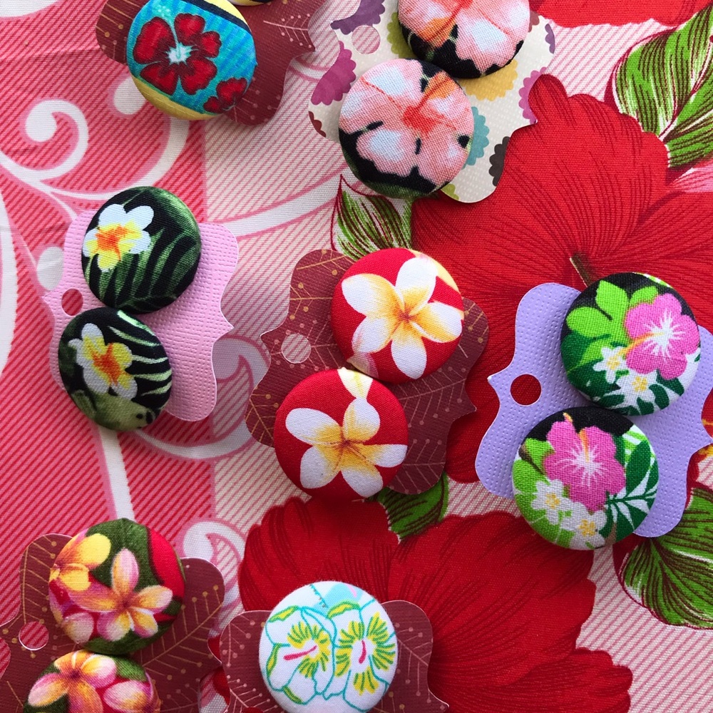 Tropical Flower Fabric Button Earrings